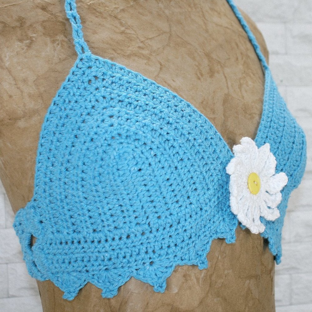 HAND CRAFTED Crop Top Halter Bikini Crochet Flower Power Spring Daisy Turquoise - Picture 2 of 13